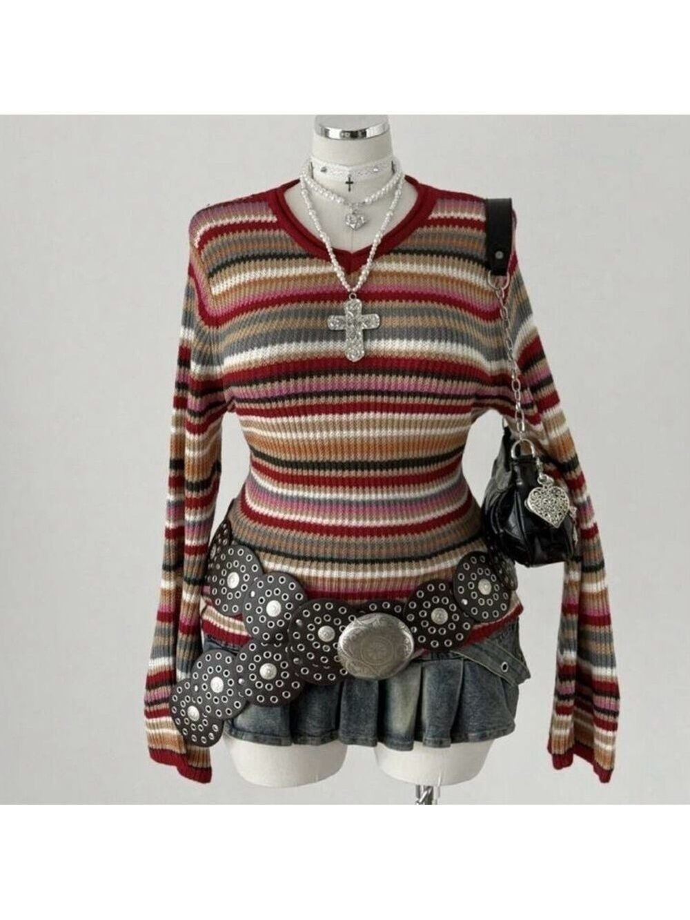 SHEIN Multicolor Striped Knit Long Bell Sleeve Sweater